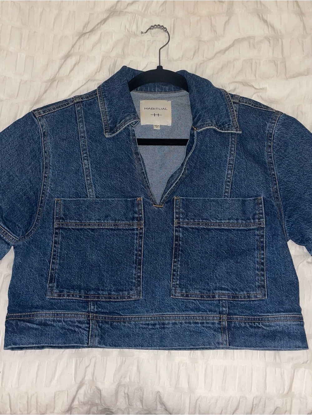 Denim Cropped Jacket in Dark Blue